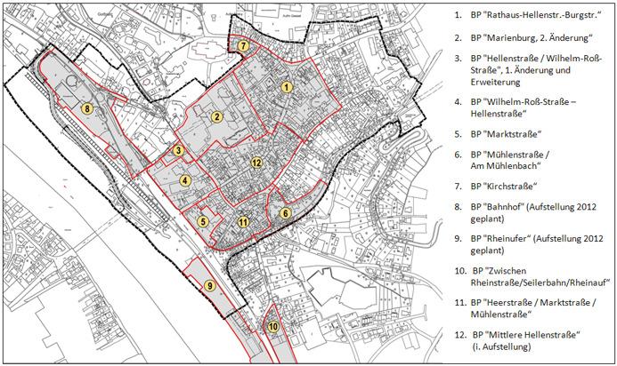 Innenstadtentwicklungskonzept I STADT VALLENDAR Bebauungsplanung Im überwiegenden Teil des Untersuchungsgebiets ist bzw. wird das Baurecht über Bebauungspläne geregelt.