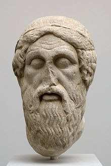 Homer aus Wikipedia, der freien Enzyklopädie Kopf des Homer ( Epimenides-Typus ). Nachbildung einer römischen Kopie des griechischen Originals aus dem 5. Jahrhundert v. Chr.