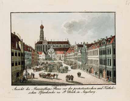 Blitzableiter erobern das Stadtbild St. Ulrich und Afra Radierung von Thomas Weber, Augsburg 1819, Kunstsammlungen und Museen Augsburg, Graphische Sammlung, Inv. Nr.