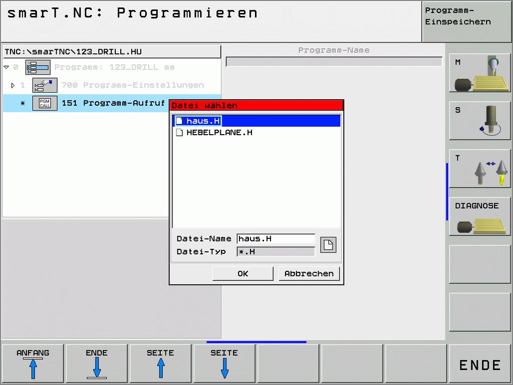 Bearbeitungen definieren Unit 151 Programm-Aufruf Mit dieser Unit können Sie von smart.nc aus ein beliebiges Programm mit folgenden Datei-Typen aufrufen: smart.nc Unit-Programm (Datei-Typ.
