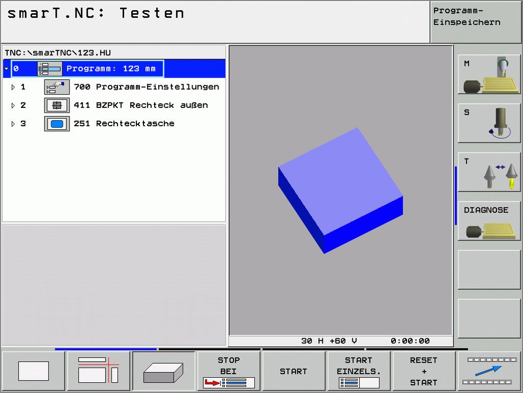 Test-Grafik und Programmlauf-Grafik Die Bildschirmaufteilung GRAFIK oder PROGRAMM+GRA- FIK wählen! In den Unter-Betriebsarten Testen und Abarbeiten kann die TNC eine Bearbeitung grafisch darstellen.