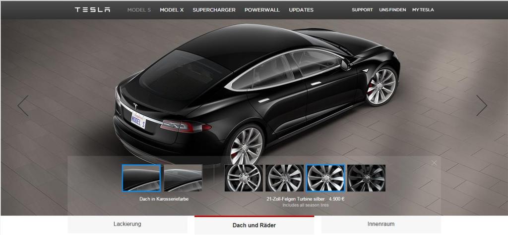 Zurück in die Zukunft Abbildung 15 - Ausschnitt des grafischen Konfigurators des Automobilherstellers Tesla 65 Der Kunde hat somit die Möglichkeit, die Änderung seiner Konfiguration direkt an seinem