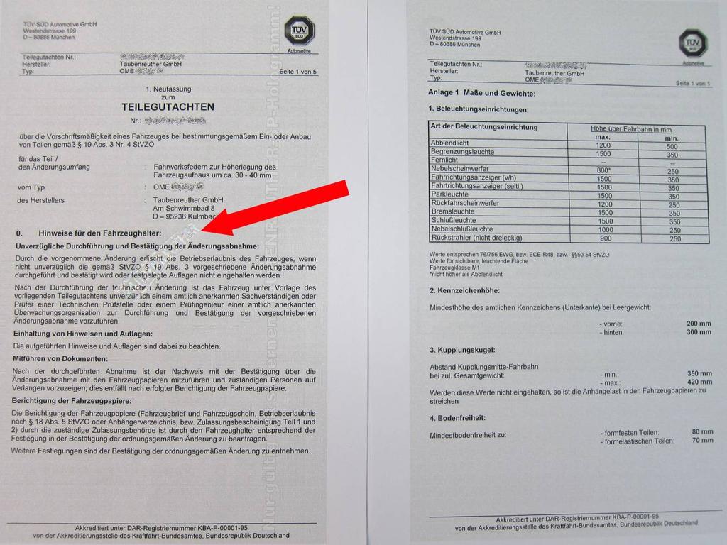 OLD MAN EMU TÜV-Gutachten Die TÜV Gutachten von uns (Taubenreuther GmbH) sind nur gültig mit Original Stempel und Unterschrift.
