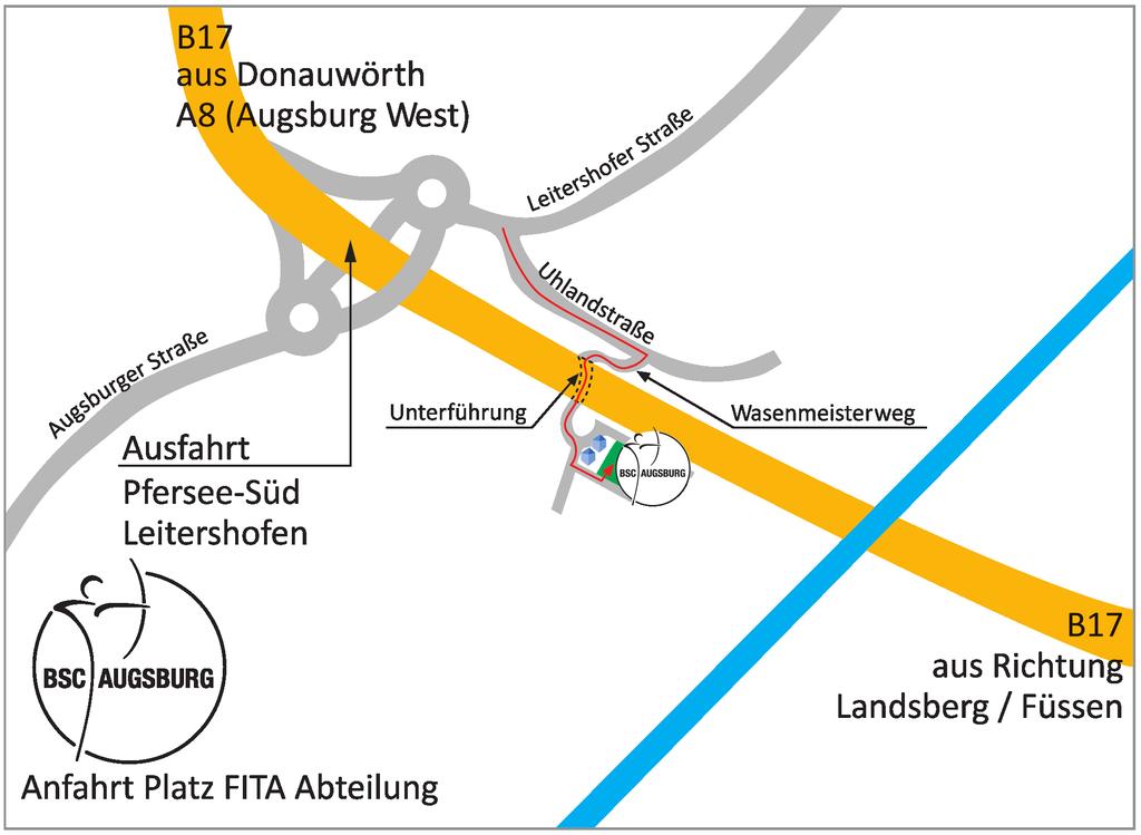 Von der A8 kommend: Ausfahrt Augsburg West auf die B17 in Richtung Landsberg / Füssen einbiegen Abfahrt Leitershofen links abbiegen, im Kreisverkehr die zweite Ausfahrt.