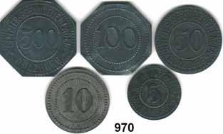 62 Notmünzen; Marken und Zeichen Wülzburg (Bayern) 970 27659 Offizier-Gefangenenlager 5, 10, 50, 100 und 500 Pfennig o.j. Menzel 27659.1 bis 5 SATZ 5 Stück.