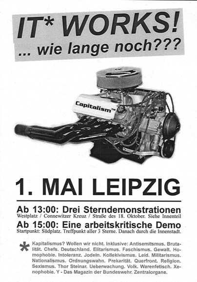 6 In Leipzig demonstrierten am 1. Mai bis zu 650 Personen, darunter auch zahlreiche Autonome, unter dem Motto It works!...wie lange noch?