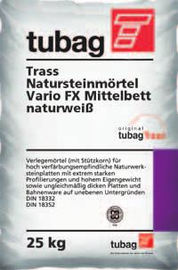 Wasserundurchlässige Bettungsmörtel Mittelbett Trass-Natursteinmörtel Mittelbett TNM Vario FX Flexibler Mittelbettmörtel mit Stützkorn für verfärbungsempfindliche Natursteinplatten.