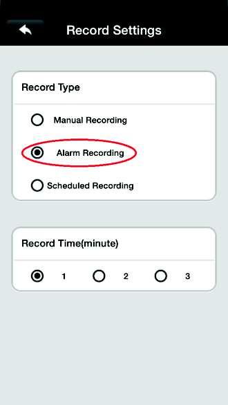 4.4 Record Settings Sie können einstellen, ob bei einem Alarm Ihrer Alarmanlage ein Video (1 bis 3 Min.) aufgenommen werden soll.