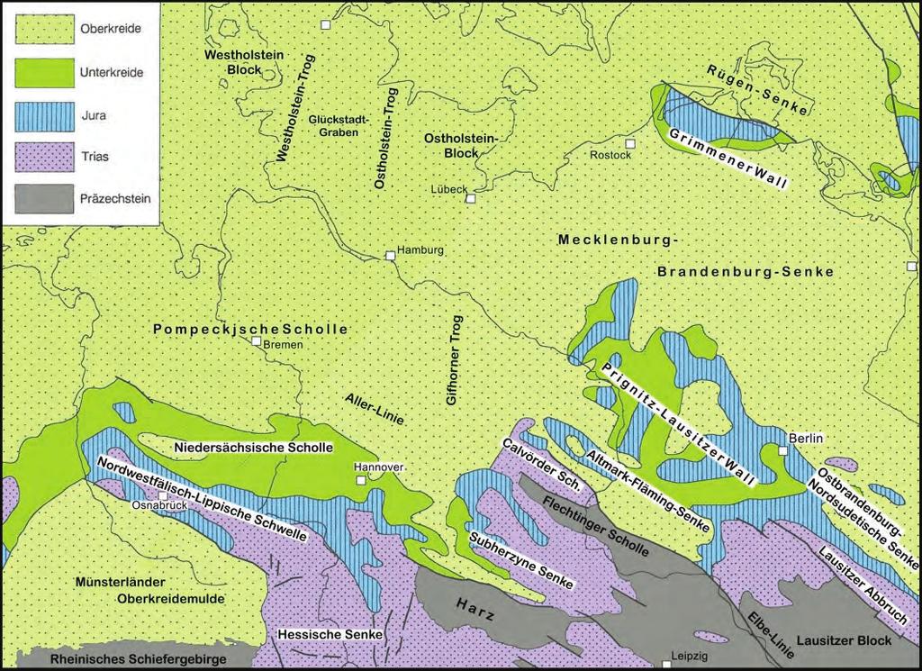 (BGR) Seite 11 von 189 Abb. 2: Geologische Übersichtskarte des Prätertiärs der Norddeutschen Senke (geändert nach Walter 2007) 4.