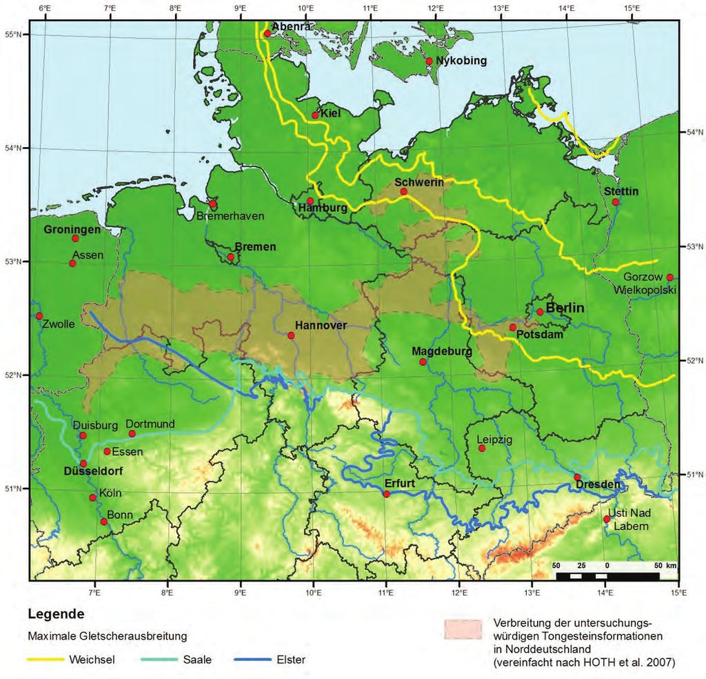 (BGR) Seite 80 von 189 Abb. 33: Ausbreitungsgrenzen der Vergletscherung in den letzten Kaltzeiten in Norddeutschland (Eisrandlagen nach Stackebrandt et al. 2001) Skupin et al. (2003: 72ff.