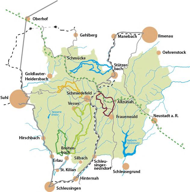 Biosphärenreservat Thüringer Wald Rundwanderwege Rennsteig Wandern bei Stützerbach (blaue Route) [9/18 km] um den Bahnhof Rennsteig (weinrote Route) [9 km] bei Schmiedefeld (hellbraune Route) [7/10