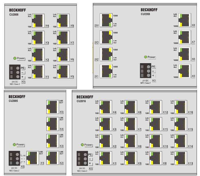 Produktübersicht 3 Produktübersicht 3.1 Einführung Abb. 1: CU2008, CU2208, CU2005, CU2016 Die Beckhoff Ethernet-Switches bieten fünf, acht oder sechzehn RJ45 Ethernet-Ports.