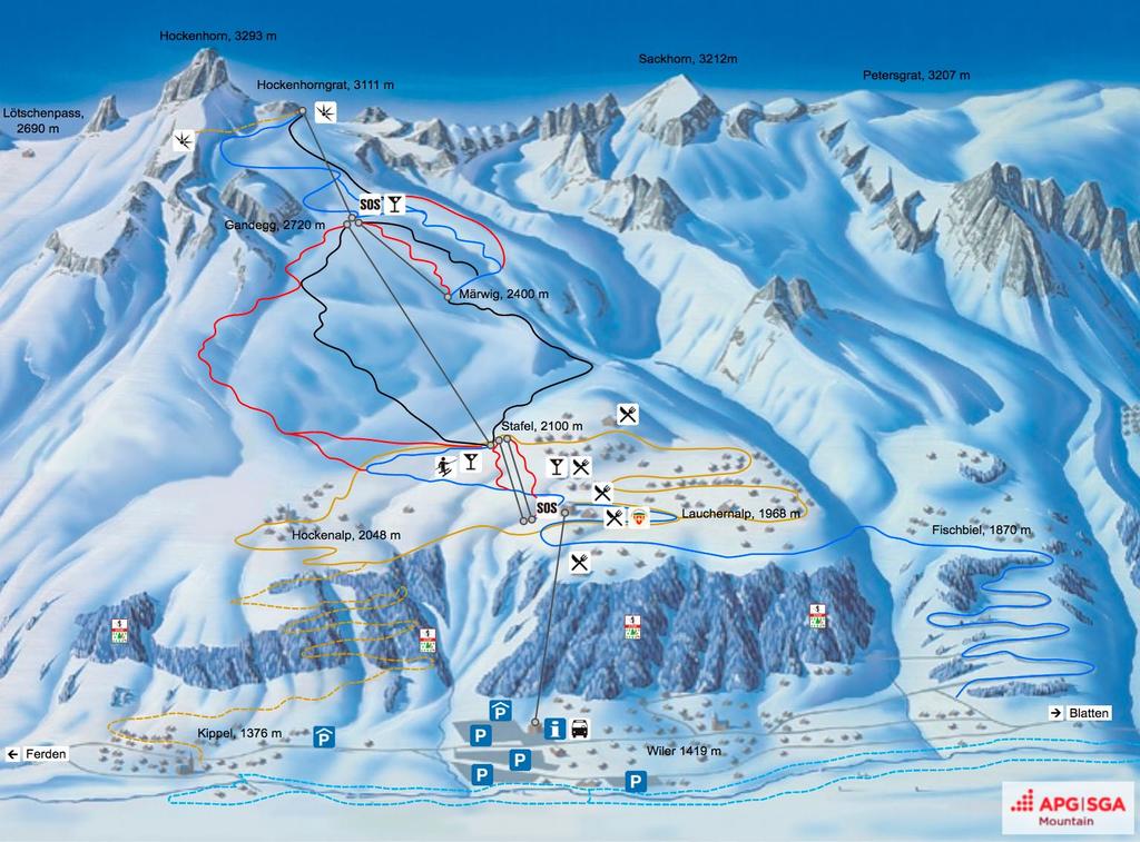 Lage Die drei Chalets befinden sich auf der Lauchernalp in der Gemeinde Wiler im Lötschental (VS). Zu Fuss sind sie ca. 10 Min von der Bergstation Lauchernalp entfernt.