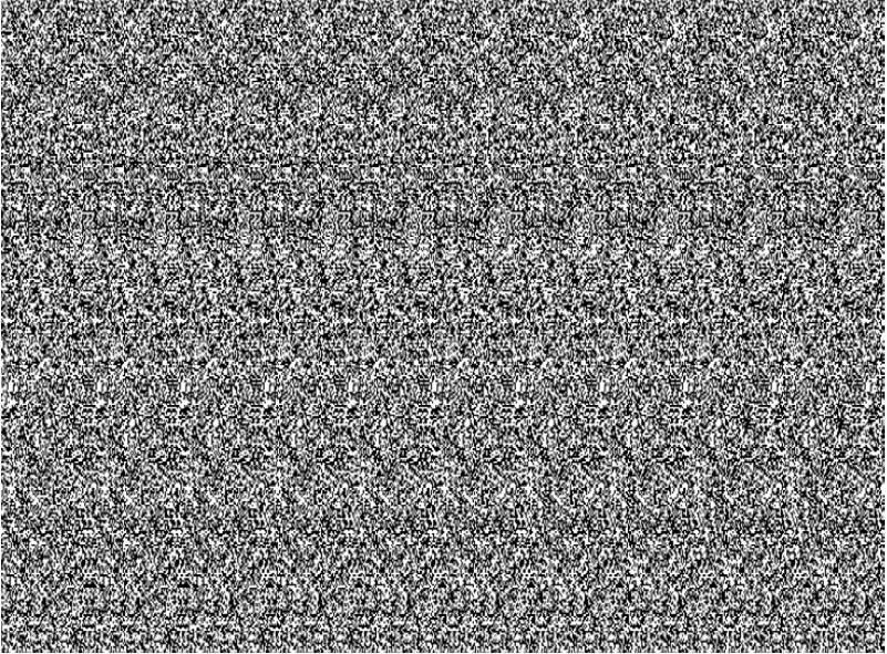 Prinzip des Single-Image Random Dot Stereogramms: Die in einem "Zufallsmuster" verborgenen, zusammengehörenden Punkte werden