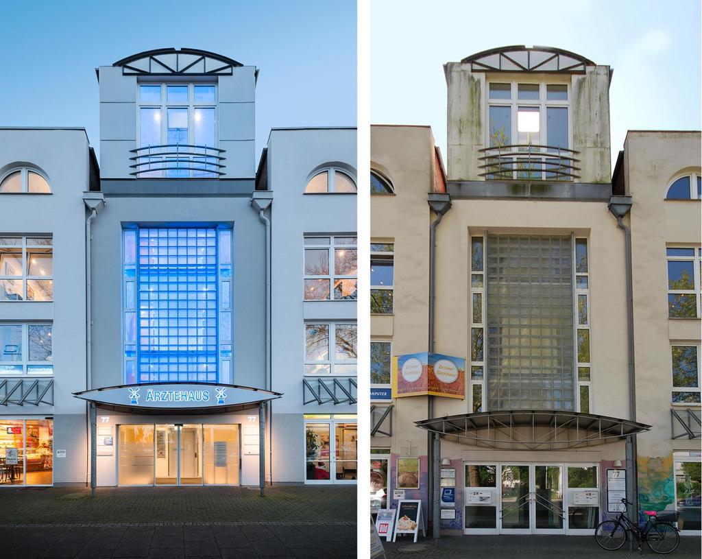 LED für eine Aussenbeleuchtung Geschäftshaus _Einsatz von LED (Blau) im Treppenhaus _Einbau einer Schiebetür (automatisch) zwecks behindertengerechten Eingang Ärztehaus _Erneuerung der Werbung mit