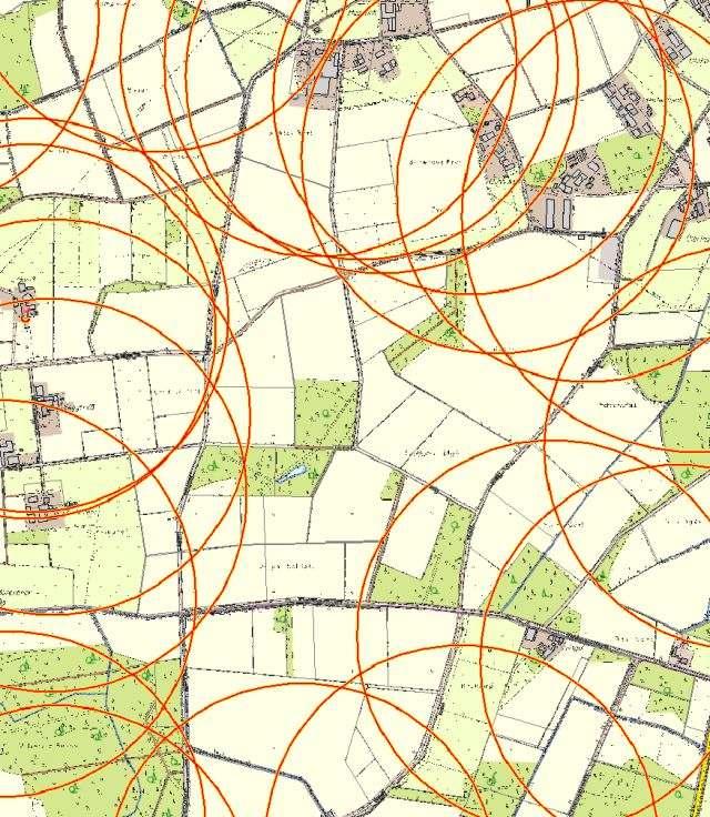 Mögliches Suchgebiet Konzentrationszone Kreise mit 500m Radius um Wohnhäuser im Außenbereich, Ergebnis ist die mögliche