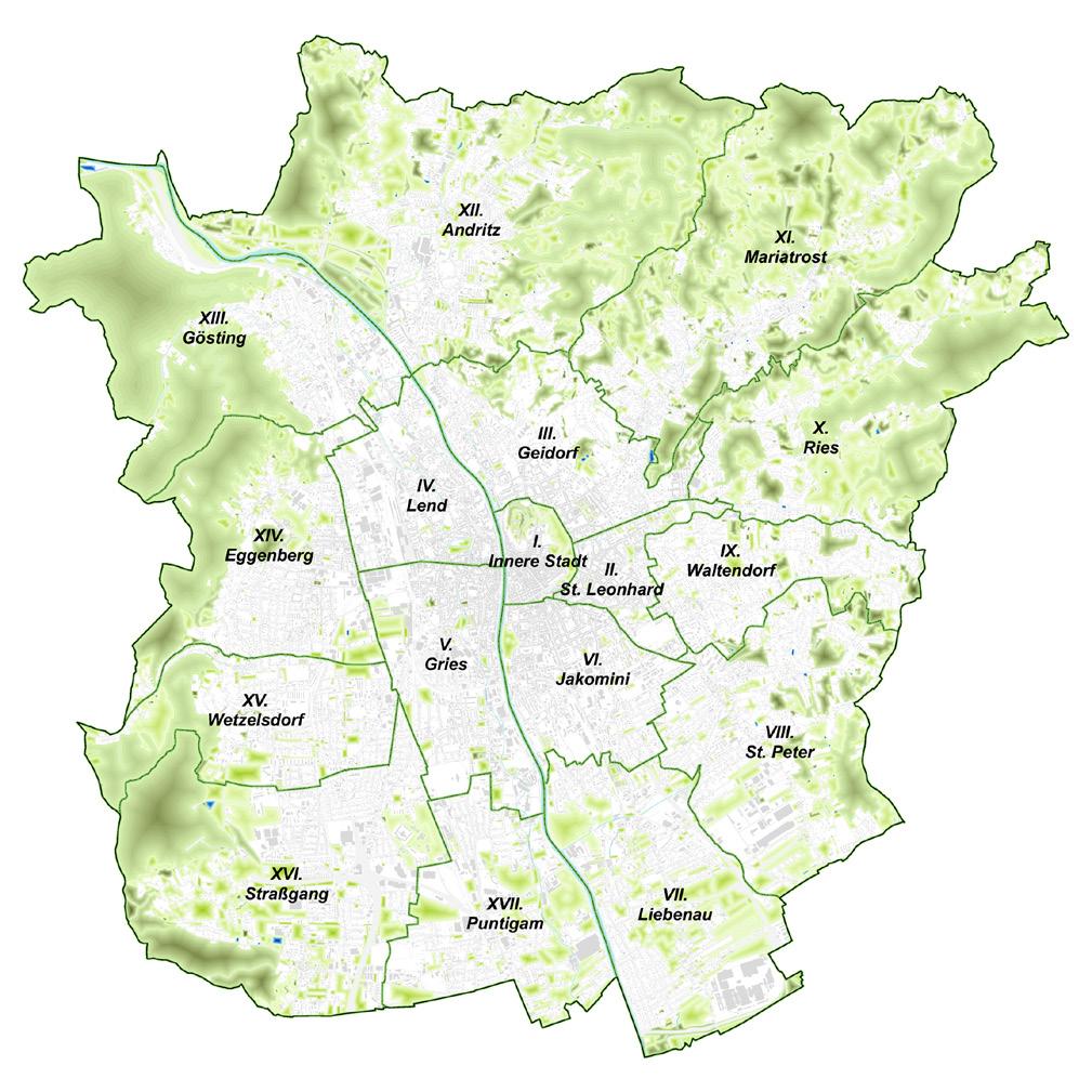 Graz Quelle: Stadt Graz - Stadtvermessung 17 Grazer Stadtbezirke Graz in Zahlen 2017 Graz 127,57 km² 1. Innere Stadt... 1,16 km² 2. St. Leonhard... 1,83 km² 3. Geidorf... 5,50 km² 4. Lend... 3,70 km² 5.