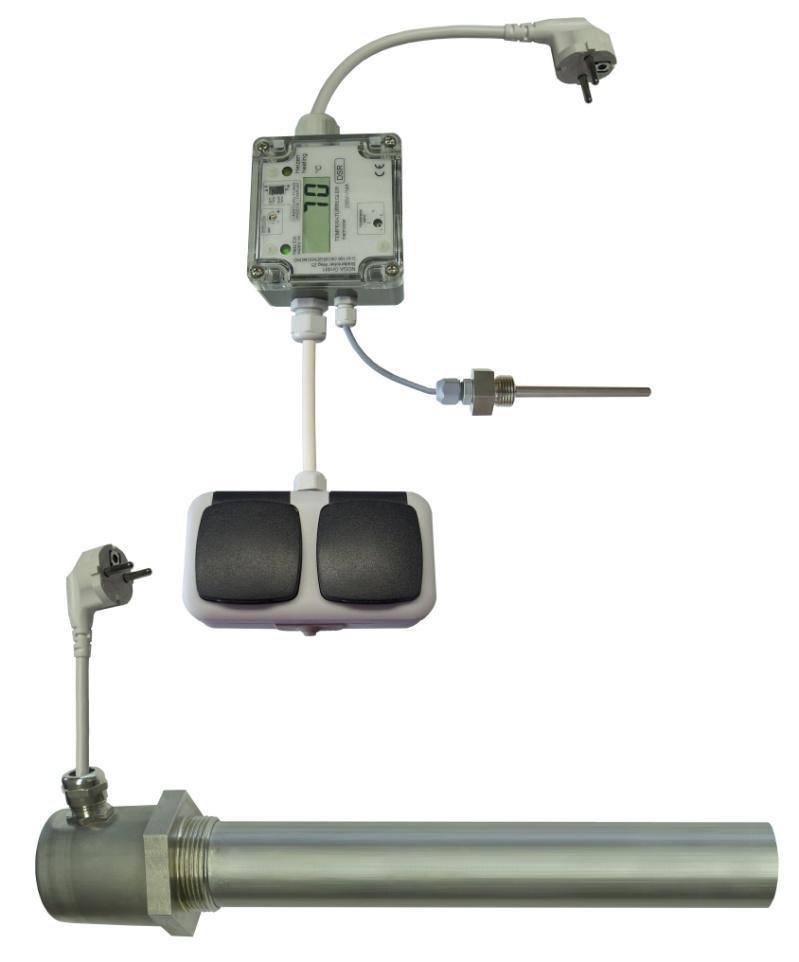 NÜGA Digitale Thermostat Steuergeräte Digital gesteuertes Thermostat Steuergerät im Polykarbonat Gehäuse 80x82x55mm, Schutzart Strahlwasser-geschützt IP 65, angebaut an 2-fach Schukosteckdose und