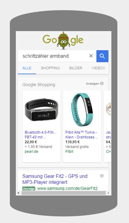 Google Shopping Ad Bei der Desktop- und Mobile-Suche konnte sich die Domain von Fitbit durchsetzen. Die Anzeige wurde unter den Top 3 Ads bei Google Shopping ausgespielt.