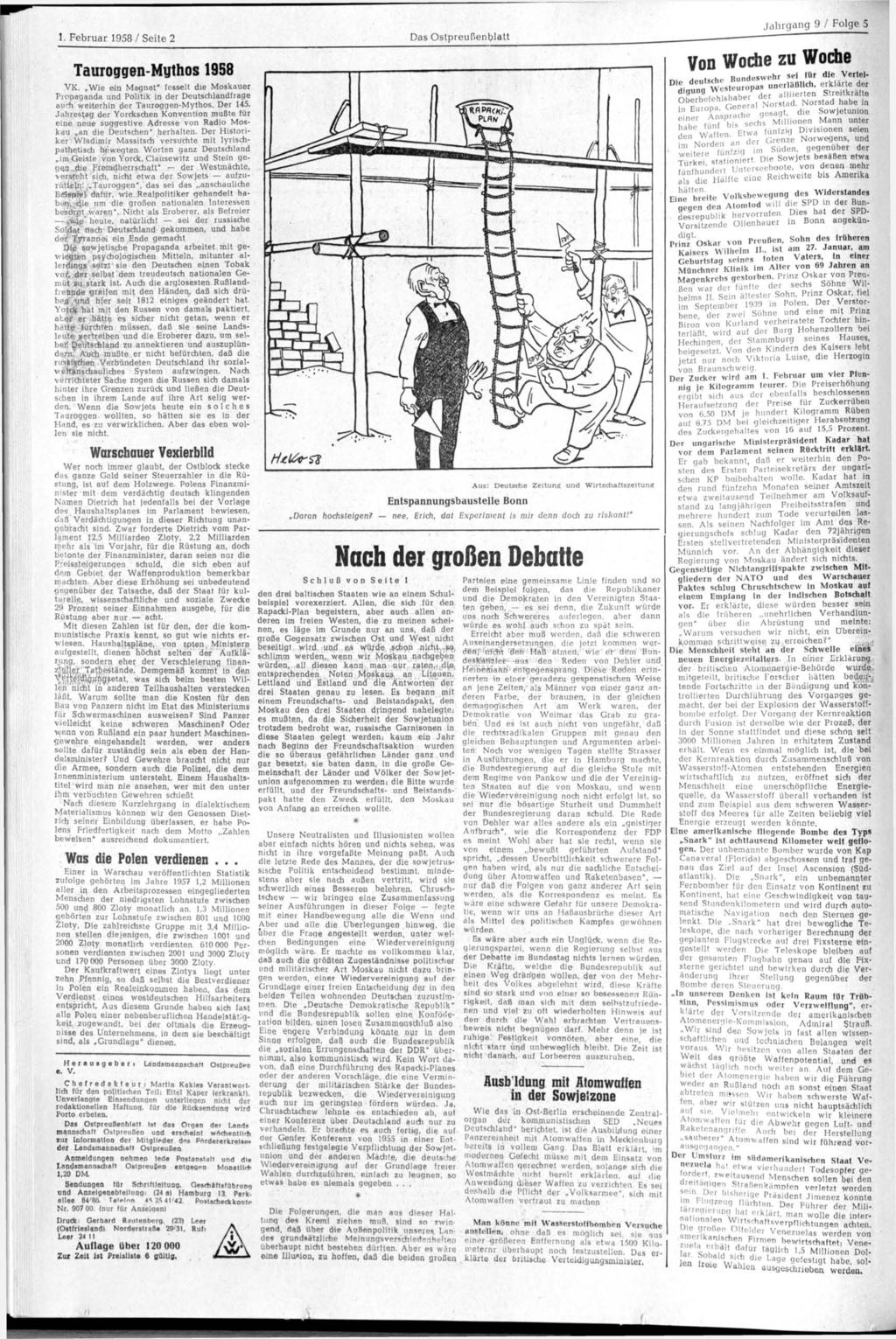 1. Februar 1958 / Seite 2 Das blatt Jahrgang 9 / Folge 5 Tauroggen-Mythos 1958 VK.