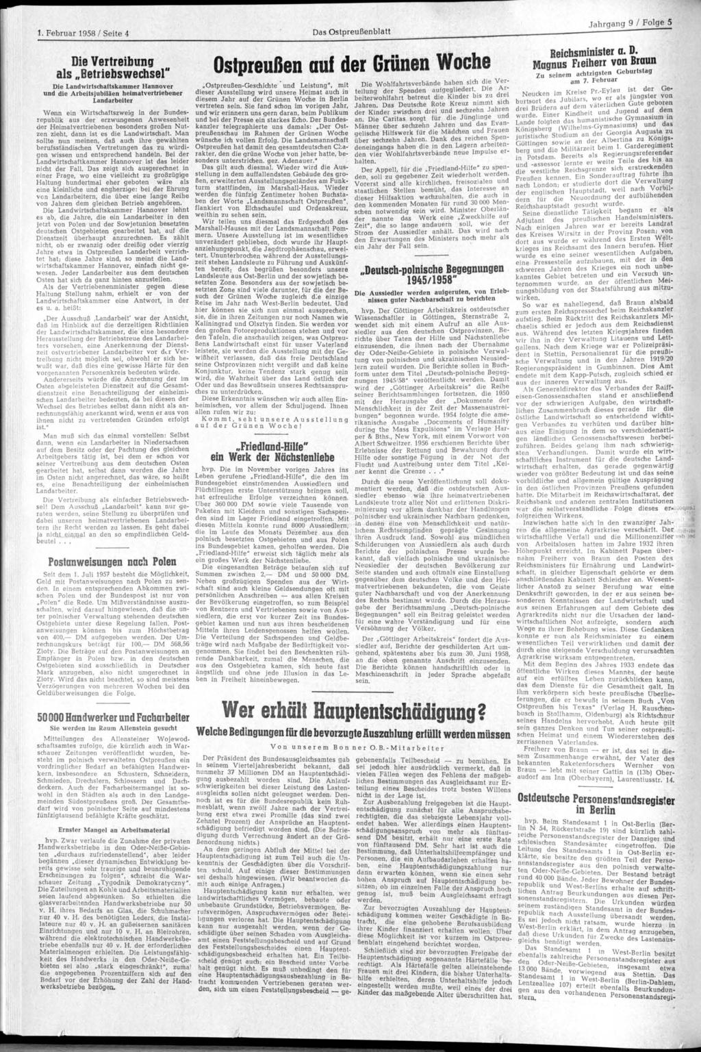 1. Februar 1958 / Seite 4 Das blatt Jahrgang 9 / Folge 5 Die Vertreibung als Betriebswechsel" Die Landwirtschaftskammer Hannover und die Arbeitsjubiläen heimatvertriebener Landarbeiter -Geschichte