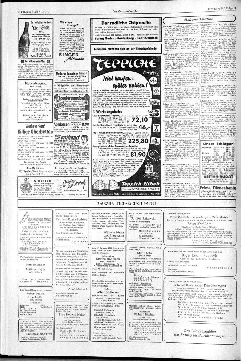 1. Februar 1958 / Seite 8 Jahrgang 9 / Folge 5 Ein beliebtes Geschenk 42% der hervorragende heimatliche Tropfen l /i Fl.