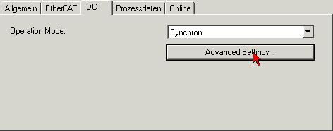 Abb. 147: Karteireiter DC (Disributed Clocks) Beim Einschalten der Betriebsart "DC-Synchron" werden Einstellungen von TwinCAT gewählt, die einen zuverlässigen Betrieb der EL2521 mit aktuellen Daten