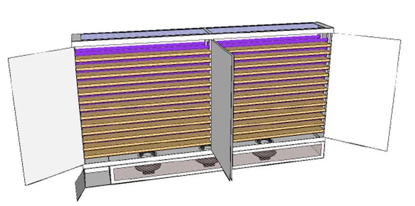 Projekt Tunnelkassetten Layout einer Tunnelkassette mit photokatalytischem Material (in braun) und integrierten UV-Lampen (in violett): 2 x 13 photokatalytisch beschichtete Schaummatten,