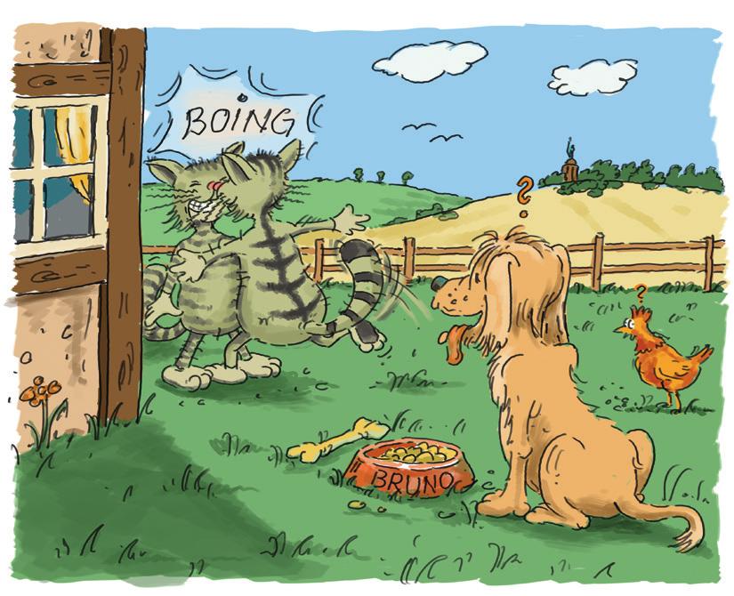 T eutus forscht weiter auf dem Bauernhof. Plötzlich hört er ein lautes Bellen! Da sitzt Hofhund Bruno! Teutus erschreckt sich fürchterlich.
