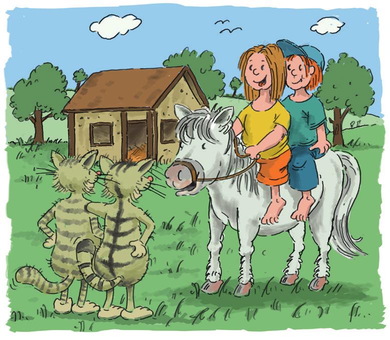 A uf dem Rückweg zum Hofladen treffen Teutus und Anton die zwei Kinder Anna und Ole. Die beiden reiten auf einem Pony. Die Kinder erzählen: Wir machen Ferien auf dem Bauernhof.