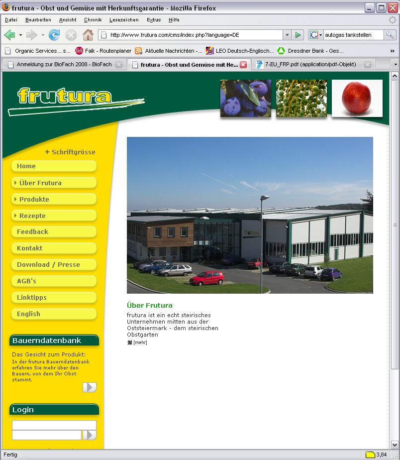 Frutura Homepage mit Bauerndatenbank Frutura betreibt eine Bauerndatenbank in der alle Lieferanten Daten über die Produktion eingeben müssen.