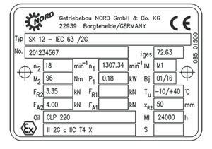 GETRIEBETYPENSCHILD BEISPIEL FÜR ZONE 21 KATEGORIE 2D Getriebe Typenschild Kurzzeichen Einheit Bezeichnung Typ [-] NORD - Getriebetyp No.