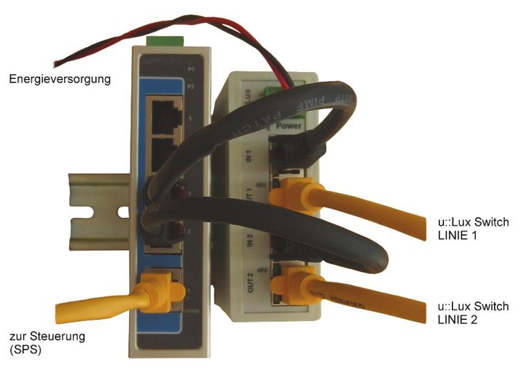 An den Anschlüssen OUT1 und OUT2 der u::lux NetInj Power werden die u::lux Switches RJ45 angeschlossen. Die IN Anschlüsse werden mit einem externen Ethernet Switch verbunden.