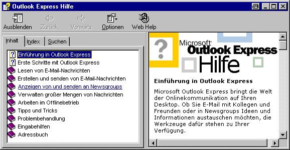 einem Klick öffnet sich ein weiteres Fenster. In einigen Themen, wo es um die Bearbeitung oder um Einstellungen geht, bietet Outlook Express Ihnen eine Demonstration an.