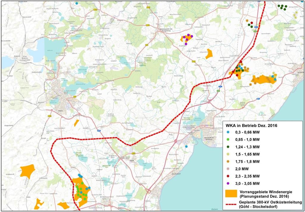 Karte 7: Aktuelle WKA-Standorte und Anlagenleistung im mittleren Kreis Ostholstein (Quelle: Landesplanung SH und