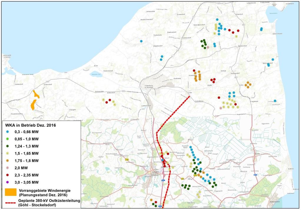 Karte 4: Aktuelle WKA-Standorte und Anlagenleistung im nördlichen Kreis Ostholstein (Quelle: Landesplanung SH und