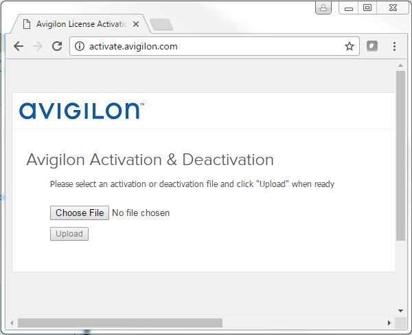 Abbildung 5: Die Avigilon Webseite zur Lizenzaktivierung g. Navigieren Sie zum Speicherort Ihrer Aktivierungsdatei, und klicken Sie auf Hochladen.