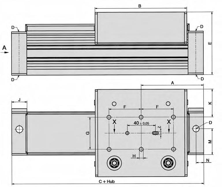 Kolbenstangenlose Kurzzylinder mit Rollenführung Baureihe ZX-Ø-KR G1/8 bis G3/8 Kolben-Ø 25 bis 63 mm Schnitt B-B Schnitt X-X Ansicht A SA = Gewindetiefe SB = Länge des Sechskants (Z) =