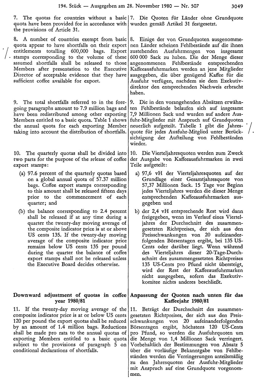 194. Stück Ausgegeben am 28. November 1980 Nr. 507 3049 7. Die Quoten für Länder ohne Grundquote wurden gemäß Artikel 31 festgesetzt. 8.