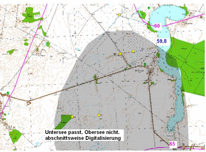 Der Kummerower See hingegen liegt überwiegend im gespannten Gebiet, so dass hier nur sehr wenige Punkte digitalisiert wurden, vor allem im Süden in Bereichen mit anmoorigen Deckschichten über dem