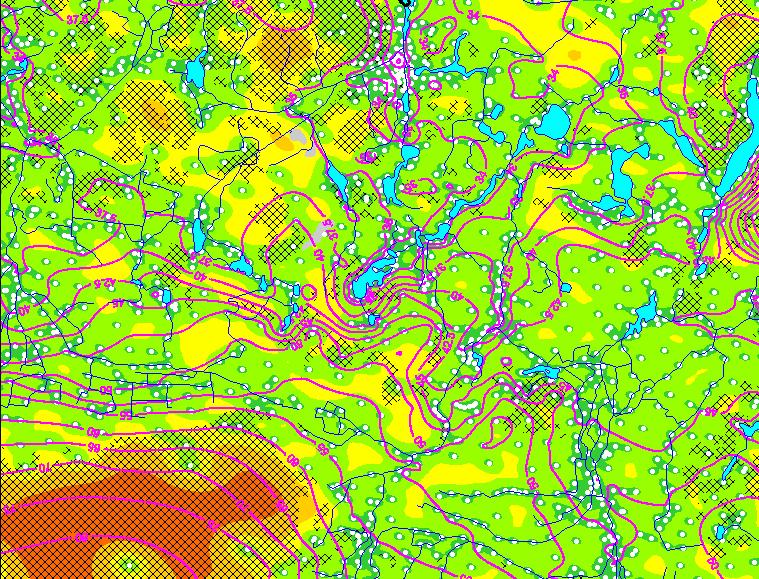 Abb. 5.4: Detaildarstellung im Dahme-Seegebiet (HYDOR 2009a); (weiße Punkte: Datengrundlage; schwarze Schraffur: gespannte Gebiete ohne Punktdatenbasis; Skala der Schätzvarianz wie in Abb. 5.3 Beide Karten zeigen, dass die Schätzvarianzen dort besonders niedrig sind, wo die Stützstellen der Berechnung liegen.