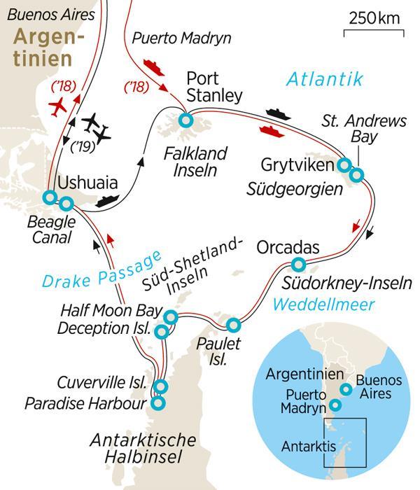 Höhepunkte der Reise Bordsprache: Deutsch / Englisch das Naturparadies von Südgeorgien und die Inselwelt der Falklands die landschaftlichen Höhepunkte der Antarktischen Halbinsel einzigartige