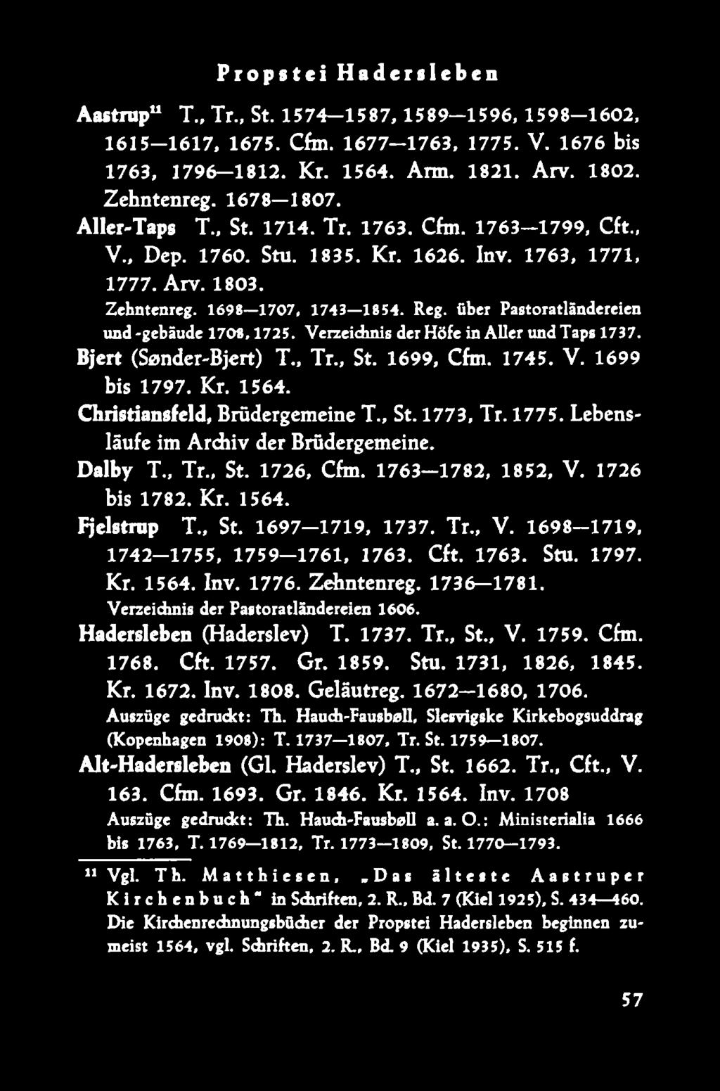 Verzeichnis der Höfe in Aller und Taps 1737. Bjert (Sønder-Bjert) T., Tr., St. 1699, Cfm. 1745. V. 1699 bis 1797. Kr. 1564. Christiansfeld, Brüdergemeine T., St. 1773, Tr. 1775.