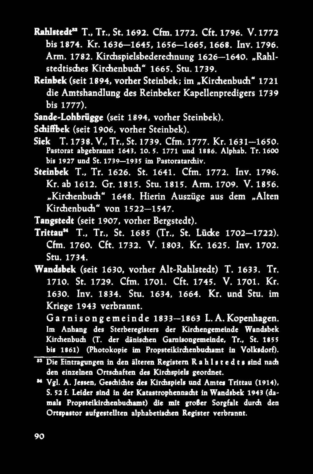 Rahlstedt T., Tr., St. 1692. Cfm. 1772. Cft. 1796. V. 1772 bis 1874. Kr. 1636-1 6 4 5, 1656-1 6 6 5, 1668. Inv. 1796. Arm. 1782. Kirchspielsbederedinung 1626 1640. Rahlstedtisches Kirchenbuch 1665.