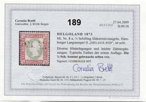 Brettl BPP: " 1873, lilakarmin/ maigrün, Hamburger Langstempel II "(HEL)GOLAND", ist echt. Diverse Hinterlegungen und leichte Zahnergänzungen.