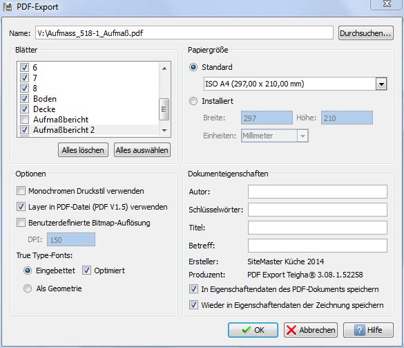 Die Ausgabe erfolgt standardmäßig im Druckformat DIN A4. Schritt 1: Klicken Sie in der Allgemeinen Werkzeugleiste PDF Export. Das Dialogfenster PDF-Export wird geöffnet.