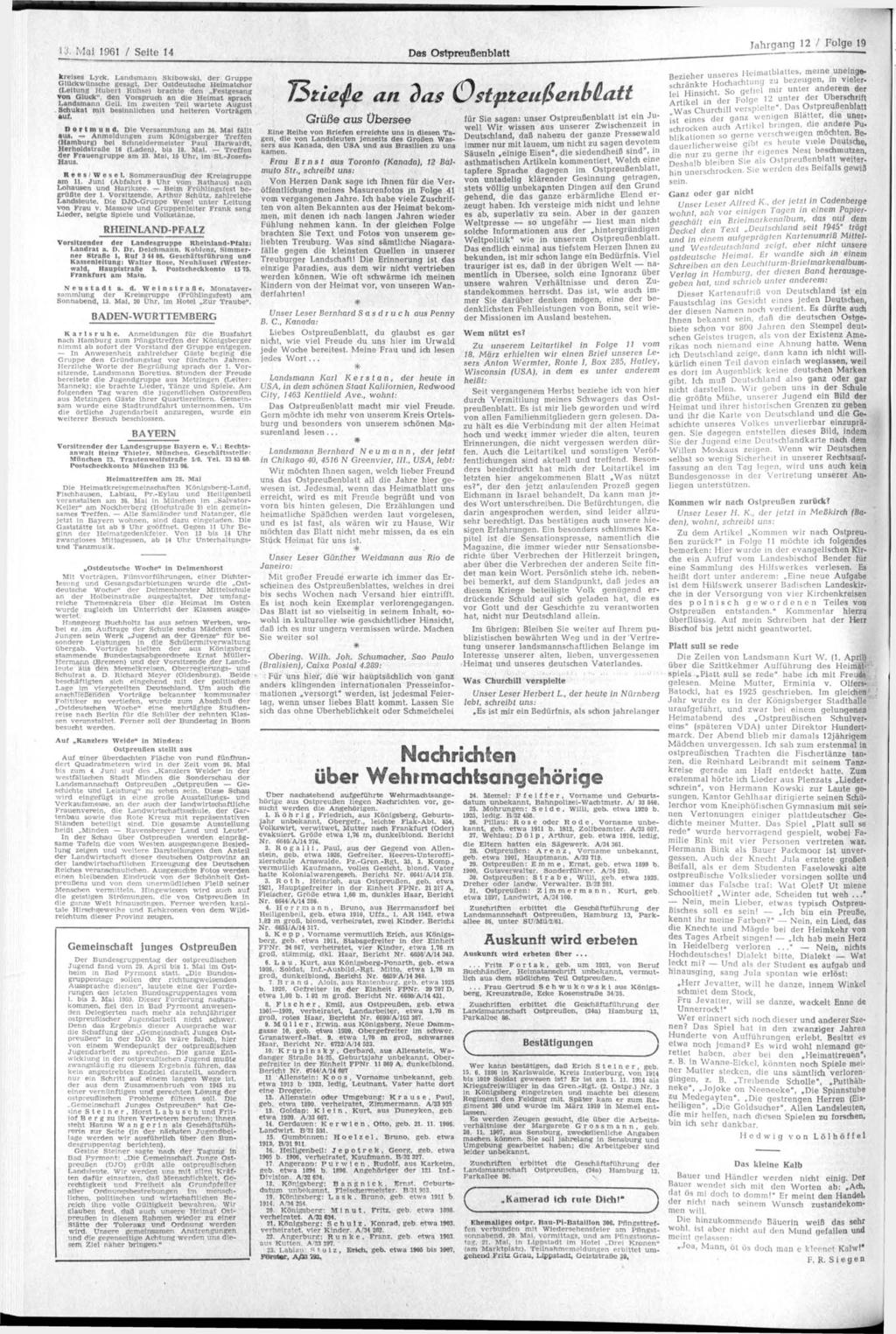 13. Mai 1961 / Seite 14 Da«Ostpreußenblatt Jahrgang 12 / Folge 19 krelses Lyck, Landsmann Skibowski, der Gruppe Glückwünsche gesagt.