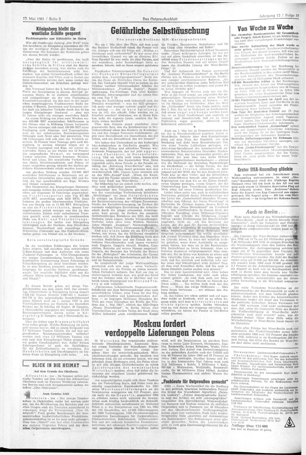 13. Mai 1961 / Seite 2 Das Ostpreußenblatt Königsberg bleibt für westliche Schiffe gesperrt Fischtransporter und Kühlschiffe im Hafen Wie die Hamburger Zeitung.