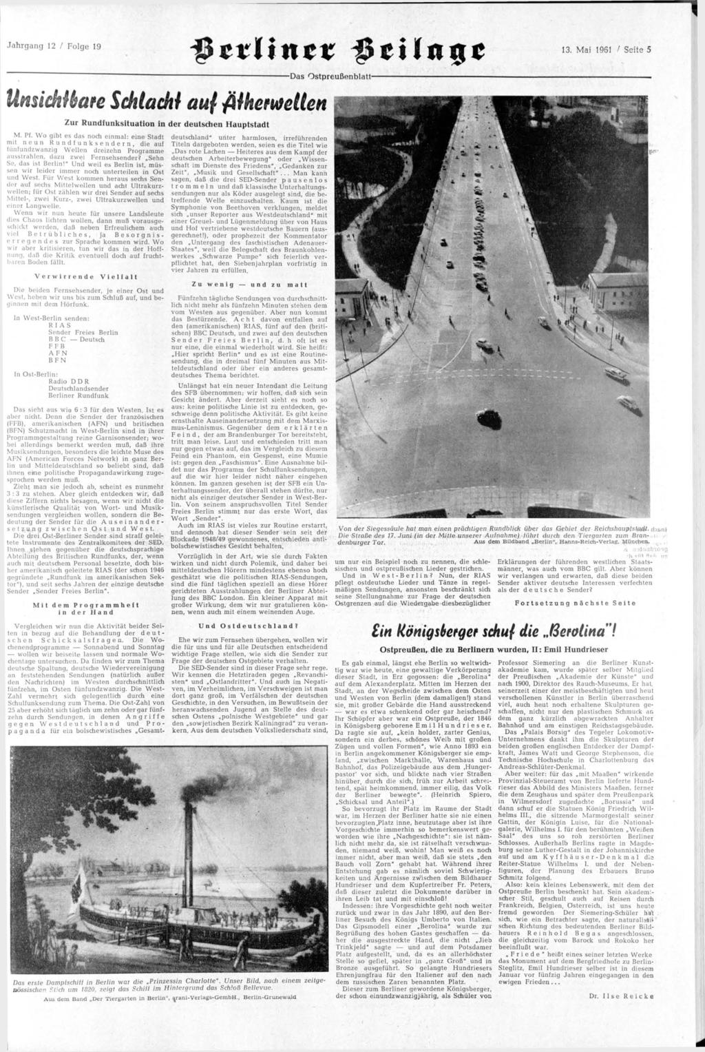 Jahrgang 12 / Folge 19 13. Mai 1961 / Seite 5 Das Ostpreußenblatt- Unsichtbare Schlacht auf filhemelten Zur Rundfunksituation in der deutschen Hauptstadt M. Pf.