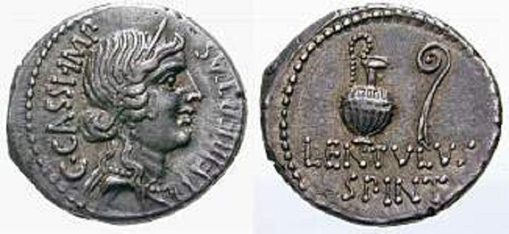 POSTVM [IVS] COS; Kopf des Konsuls A. Postumius Albinus nach rechts. Rv: ALBINV/ BRVTI.F; Legende in ährenkranz. Cra, 450/3b. BMC 3967. Syd, 943a.